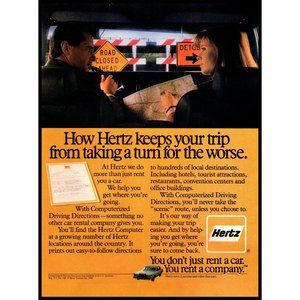 1986 Hertz Rent a Car Vintage Print Ad Road Signs Detour Roadtrip Wall Art
